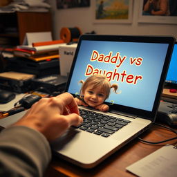 A delightful scene on a cluttered desk featuring a father’s hand hovering over the keyboard of his laptop, displaying 'Daddy vs Daughter' glowing brightly on the screen