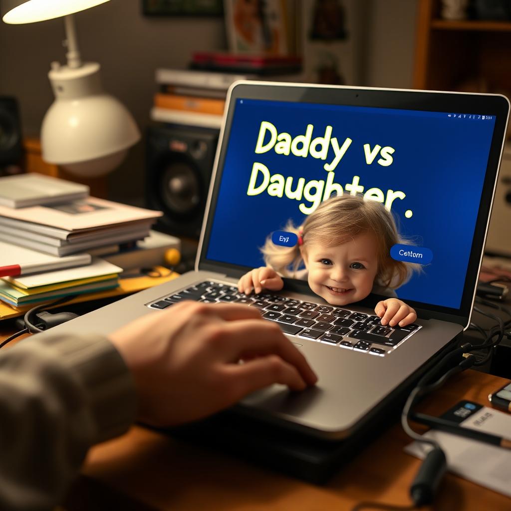 A delightful scene on a cluttered desk featuring a father’s hand hovering over the keyboard of his laptop, displaying 'Daddy vs Daughter' glowing brightly on the screen