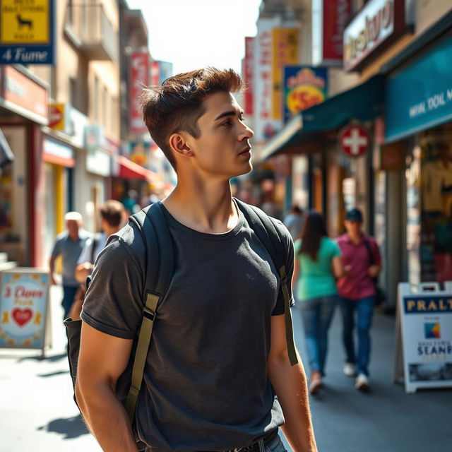 A young man walking down a bustling street, looking around as he searches for a shop