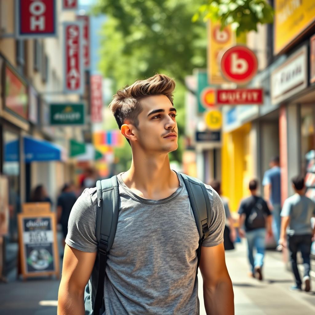 A young man walking down a bustling street, looking around as he searches for a shop