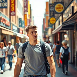 A young man walking down a bustling street, looking around as he searches for a shop
