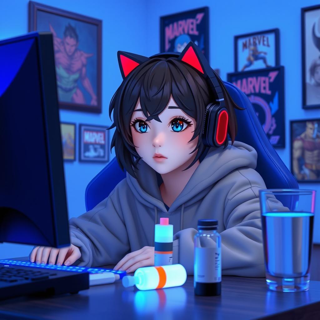 A 19-year-old girl with a slightly short, wavy black wolf cut, sitting in front of her gaming PC while playing Tekken 8