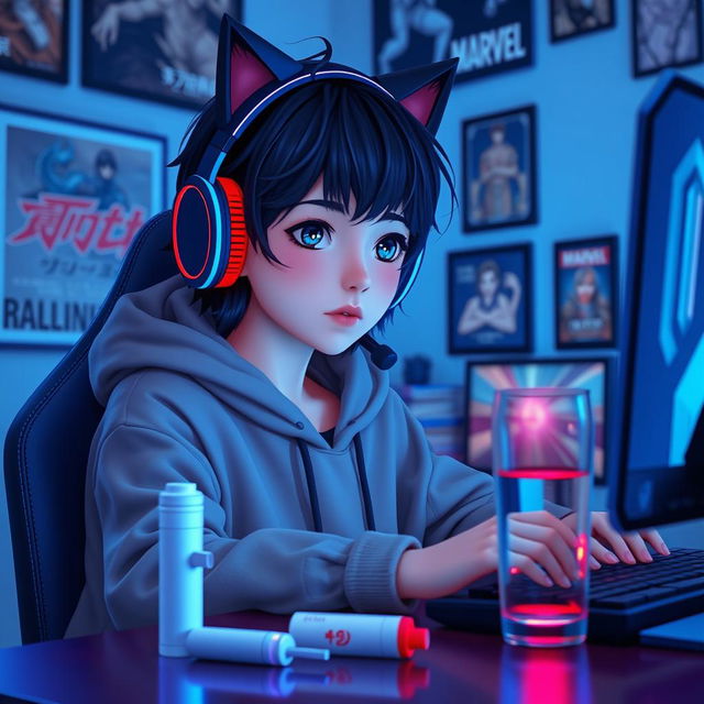 A 19-year-old girl with a slightly short, wavy black wolf cut, sitting in front of her gaming PC while playing Tekken 8