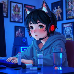 A 19-year-old girl with a slightly short, wavy black wolf cut, sitting in front of her gaming PC while playing Tekken 8
