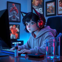 A 19-year-old girl with a slightly short, wavy black wolf cut, sitting in front of her gaming PC while playing Tekken 8