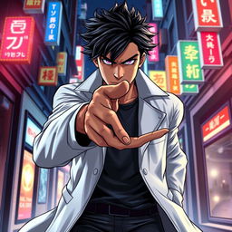 A dynamic superhero comic book cover featuring a male character with shaggy black hair and striking amethyst eyes