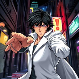 A dynamic superhero comic book cover featuring a male character with shaggy black hair and striking amethyst eyes