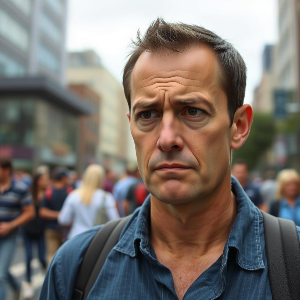 A man with a worried expression standing on a busy street