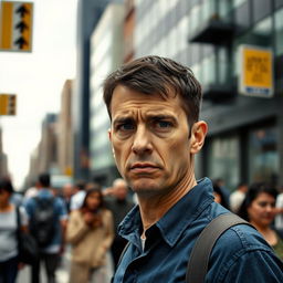 A man with a worried expression standing on a busy street