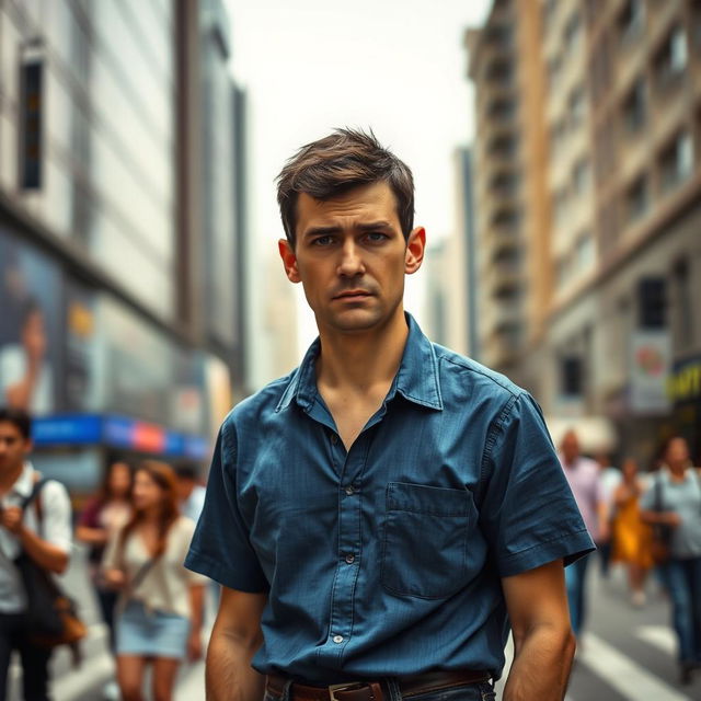 A man with a worried expression standing on a busy street