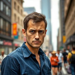 A man with a worried expression standing on a busy street