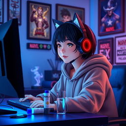 A 19-year-old girl with a slightly short, wavy black wolf cut, sitting in front of her gaming PC while playing Tekken 8
