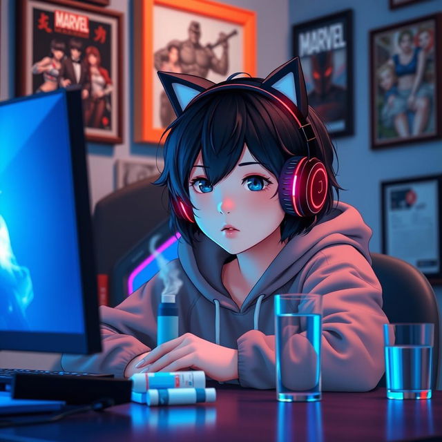 A 19-year-old girl with a slightly short, wavy black wolf cut, sitting in front of her gaming PC while playing Tekken 8