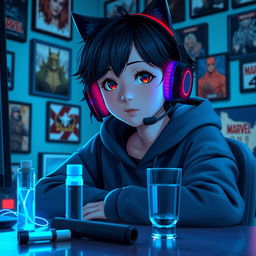 A 19-year-old girl with a slightly short, wavy black wolf cut, sitting in front of her gaming PC while playing Tekken 8