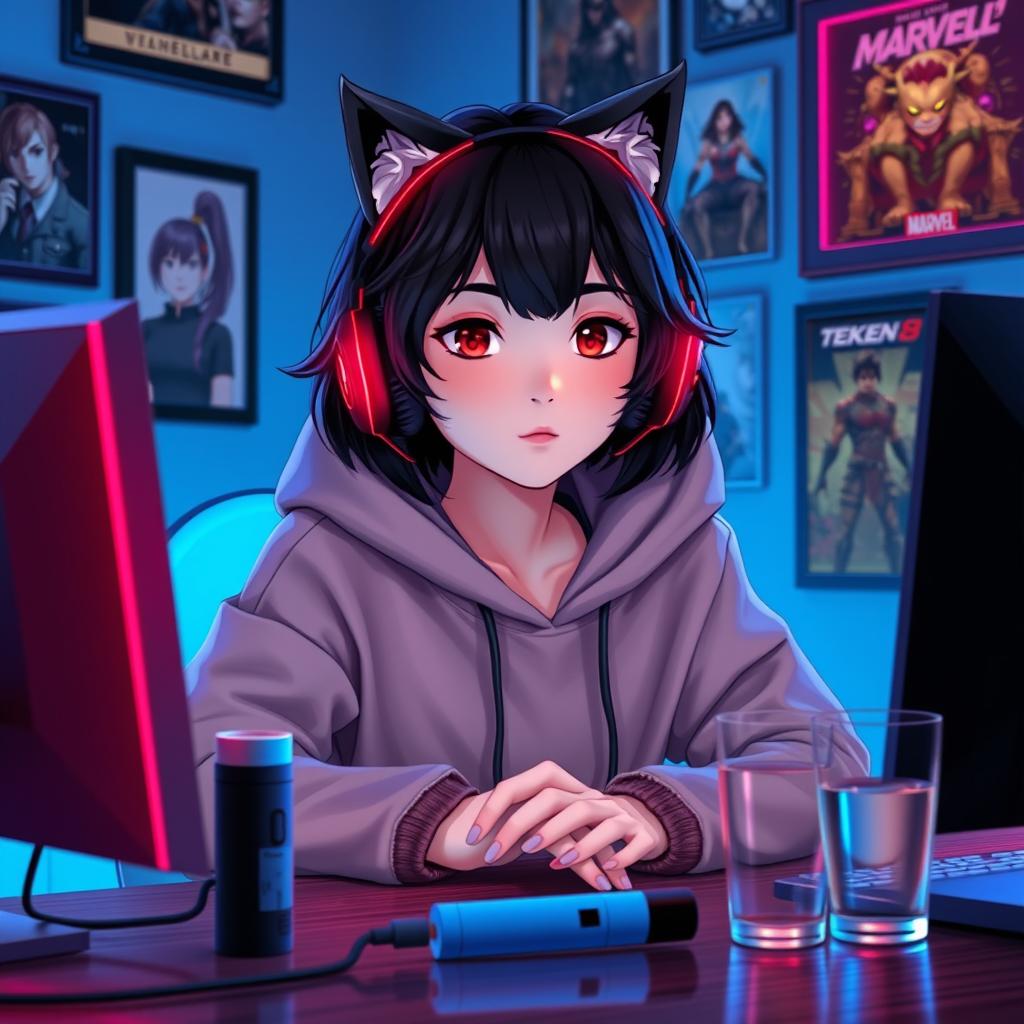 A 19-year-old girl with a slightly short, wavy black wolf cut, sitting in front of her gaming PC while playing Tekken 8