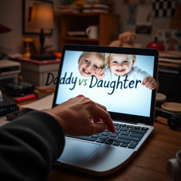 A heartwarming scene on a cluttered desk showcasing a father's hand hovering over the keyboard of his laptop, with 'Daddy vs Daughter' glowing on the screen