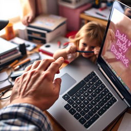 A heartwarming scene on a cluttered desk showcasing a father's hand hovering over the keyboard of his laptop, with 'Daddy vs Daughter' glowing on the screen