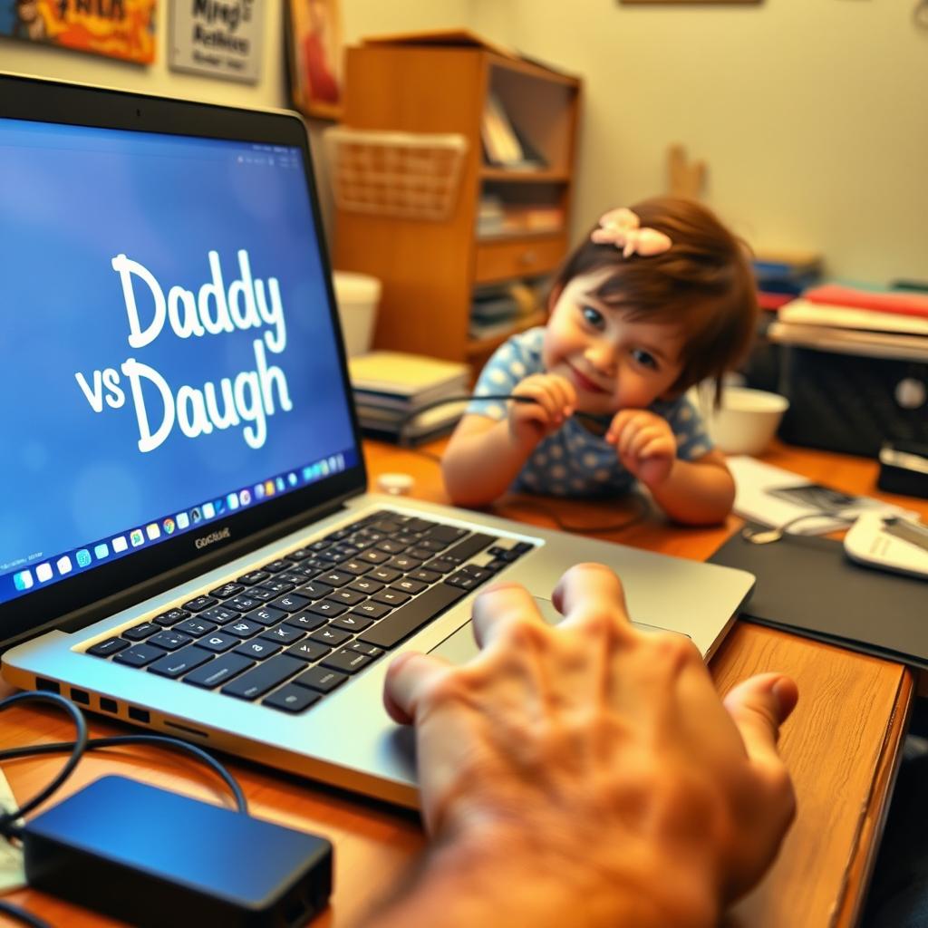 A heartwarming scene on a cluttered desk showcasing a father's hand hovering over the keyboard of his laptop, with 'Daddy vs Daughter' glowing on the screen