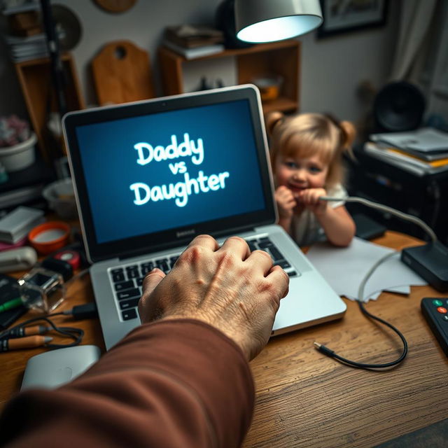 A heartwarming scene on a cluttered desk showcasing a father's hand hovering over the keyboard of his laptop, with 'Daddy vs Daughter' glowing on the screen