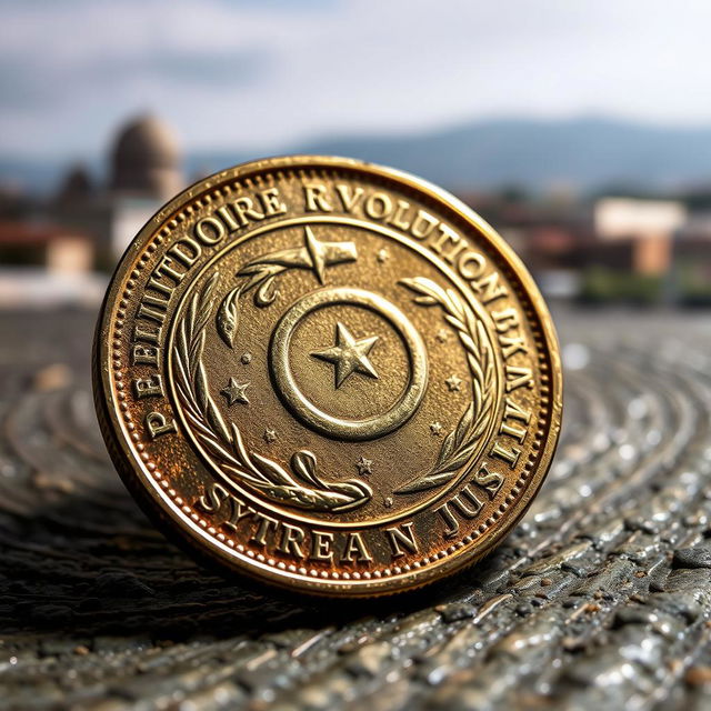 A Syrian coin featuring a prominent symbol of revolution, showcasing intricate designs that celebrate freedom and resilience