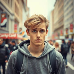 A young man with a worried expression standing on a busy street