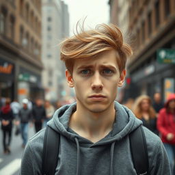 A young man with a worried expression standing on a busy street