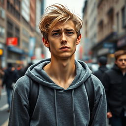 A young man with a worried expression standing on a busy street