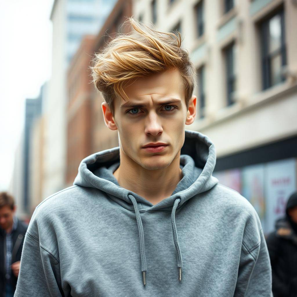 A young man with a worried expression standing on a busy street