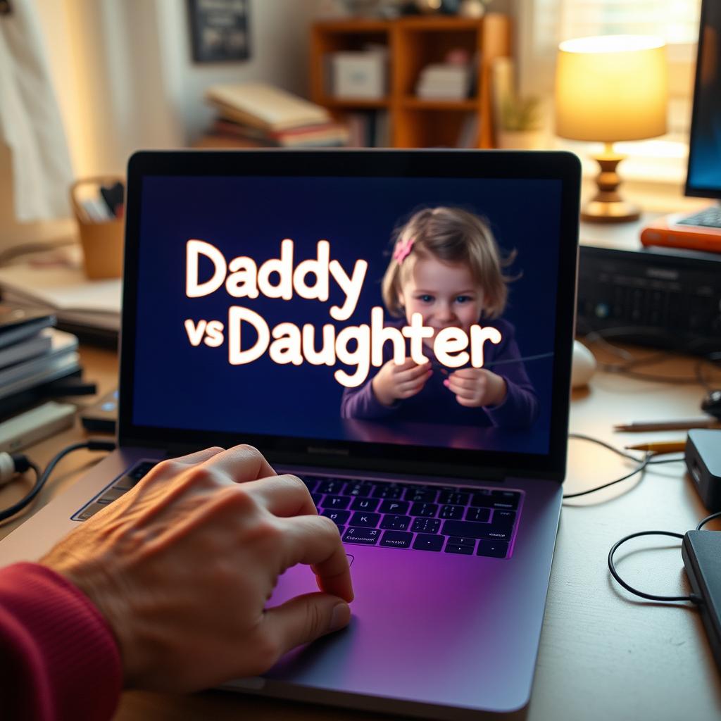 A heartwarming scene on a cluttered desk featuring a father’s hand hovering over the keyboard of his laptop, where 'Daddy vs Daughter' glows vibrantly on the screen