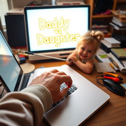 A heartwarming scene on a cluttered desk featuring a father’s hand hovering over the keyboard of his laptop, where 'Daddy vs Daughter' glows vibrantly on the screen