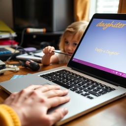 A heartwarming scene on a cluttered desk featuring a father’s hand hovering over the keyboard of his laptop, where 'Daddy vs Daughter' glows vibrantly on the screen
