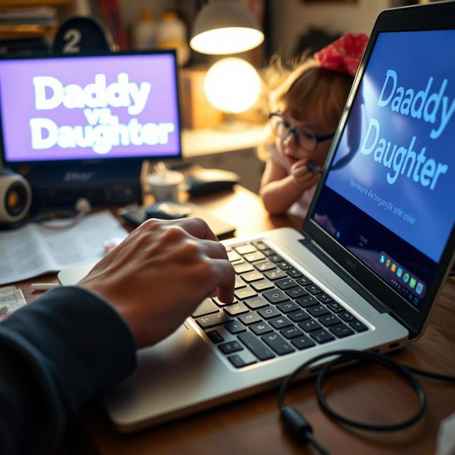 A heartwarming scene on a cluttered desk featuring a father’s hand hovering over the keyboard of his laptop, where 'Daddy vs Daughter' glows vibrantly on the screen