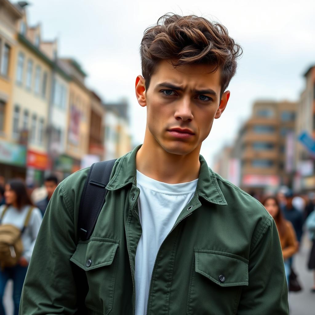 A young man with a worried expression standing on a busy street