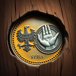 A detailed illustration of a Syrian coin featuring the symbol of a hawk (شاهين) prominently displayed on one side