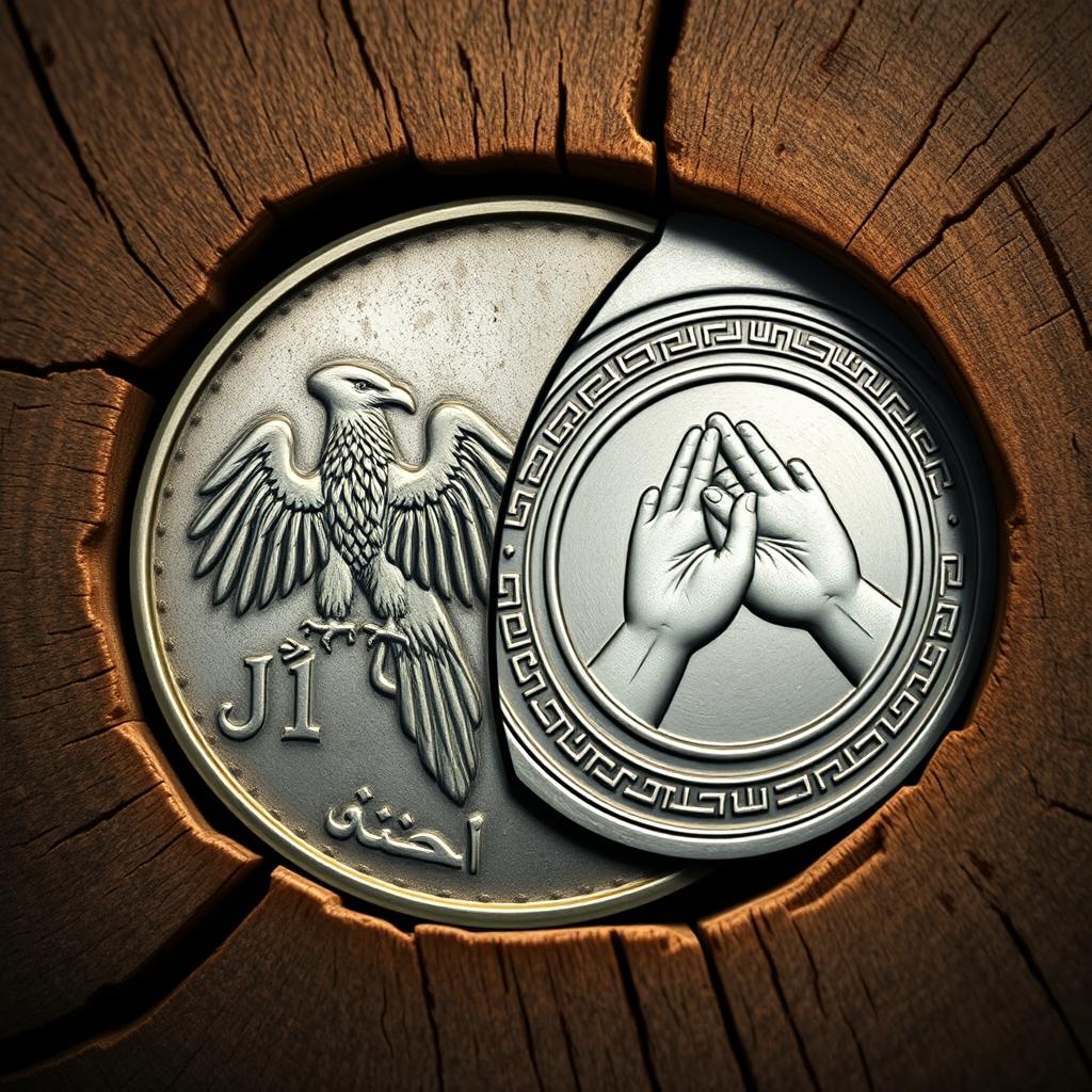 A detailed illustration of a Syrian coin featuring the symbol of a hawk (شاهين) prominently displayed on one side