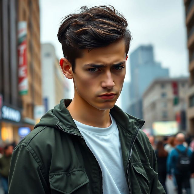 A young man with a worried expression standing on a busy street