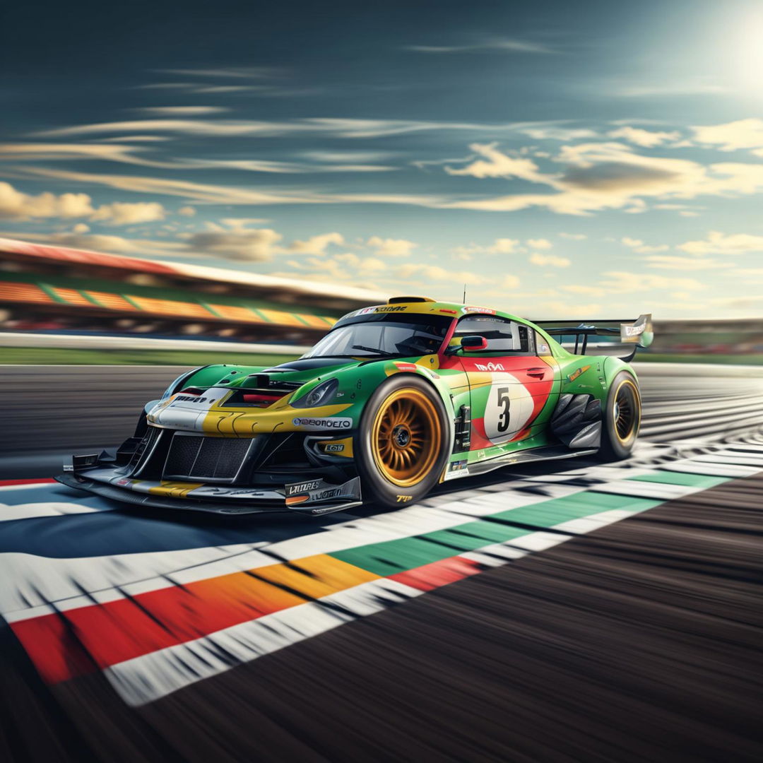 The image is a high-quality digital art representation of a Dominican race car on a professional track