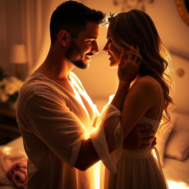 An intimate and romantic scene featuring a passionate couple embracing each other, surrounded by soft lighting that casts a warm glow