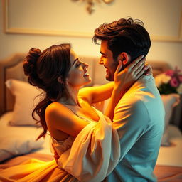 An intimate and romantic scene featuring a passionate couple embracing each other, surrounded by soft lighting that casts a warm glow