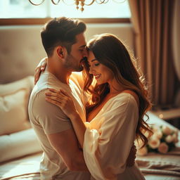 An intimate and romantic scene featuring a passionate couple embracing each other, surrounded by soft lighting that casts a warm glow