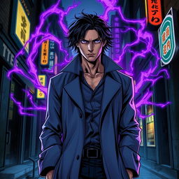 A striking superhero comic book cover featuring a male character with shaggy black hair and captivating amethyst eyes