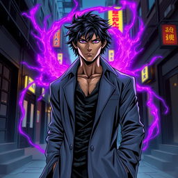 A striking superhero comic book cover featuring a male character with shaggy black hair and captivating amethyst eyes