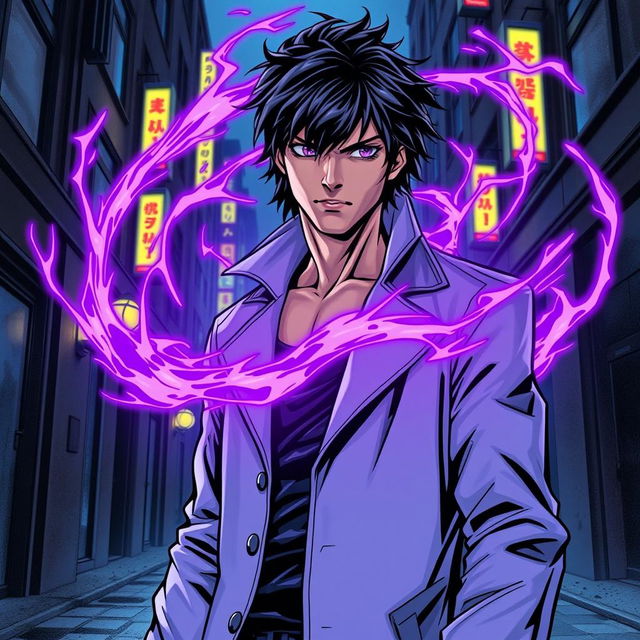 A striking superhero comic book cover featuring a male character with shaggy black hair and captivating amethyst eyes