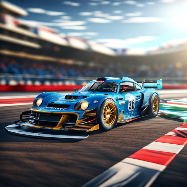 The image is a high-quality digital art representation of a Barbadian race car on a professional track