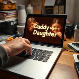 A heartwarming scene on a cluttered desk featuring a father’s hand hovering over the keyboard of his laptop, where 'Daddy vs Daughter' glows warmly on the screen