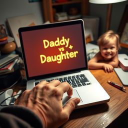 A heartwarming scene on a cluttered desk featuring a father’s hand hovering over the keyboard of his laptop, where 'Daddy vs Daughter' glows warmly on the screen