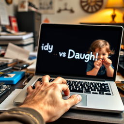 A heartwarming scene on a cluttered desk featuring a father’s hand hovering over the keyboard of his laptop, where 'Daddy vs Daughter' glows warmly on the screen