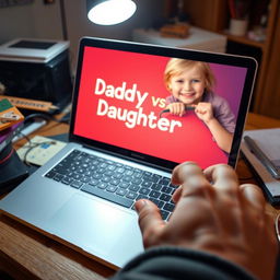 A heartwarming scene on a cluttered desk featuring a father’s hand hovering over the keyboard of his laptop, where 'Daddy vs Daughter' glows warmly on the screen