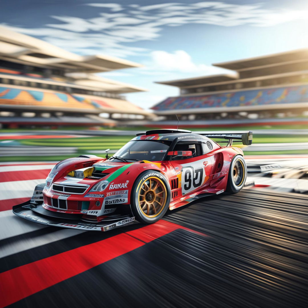 The image is a high-quality digital art representation of a race car from Antigua and Barbuda on a professional track