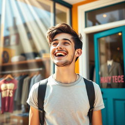 A young man with a joyful expression as he discovers the perfect store